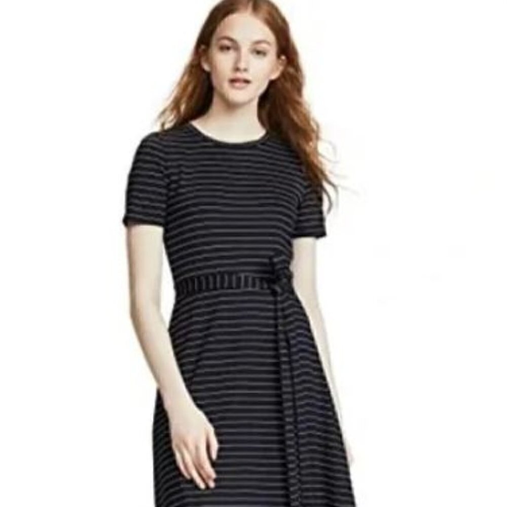 Club Monaco Navy Striped Dress A-Line Asymmetrical Hem Short Sleeve Crew M EUC